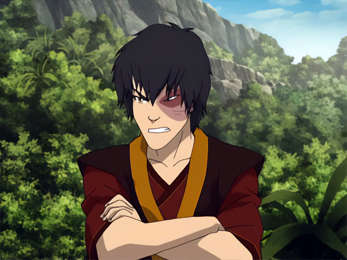 Zuko from Avatar The Last Airbender looking angry with crossed arms in a forest setting, iconic character moment.