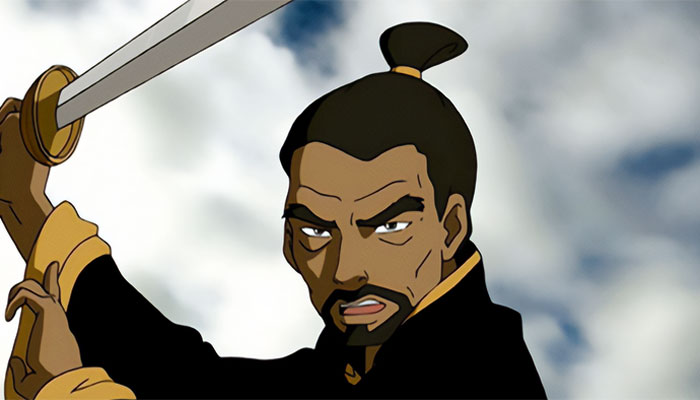 Piandao from Avatar The Last Airbender holding a sword ready for battle against a cloudy sky background.
