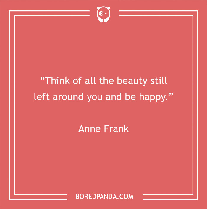 Quote by Anne Frank on beauty and happiness on a red background.