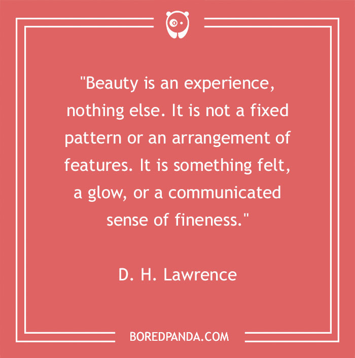 Inspirational beauty quote by D.H. Lawrence on a red background for BoredPanda.
