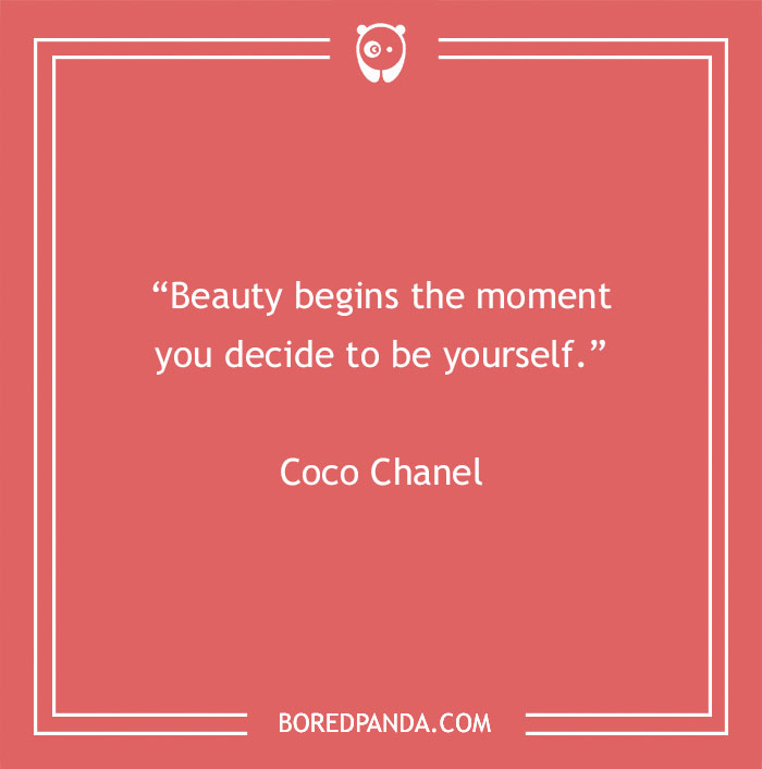 Inspirational beauty quote by Coco Chanel on a red background with white text.