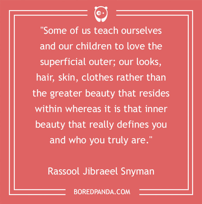 Quote about inner beauty by Rassool Jibraeel Snyman on a red background from Bored Panda.