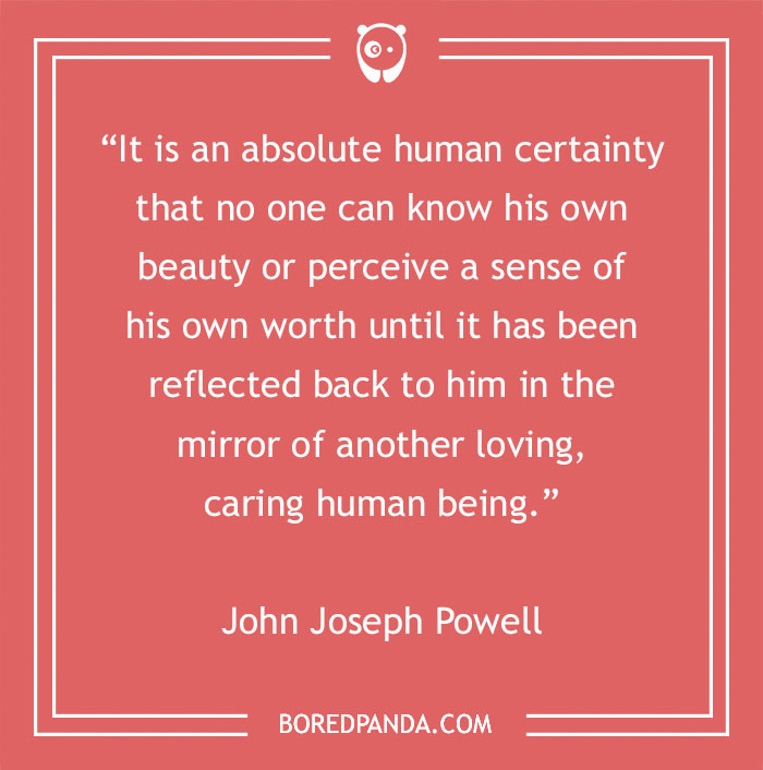 Inspirational quote about beauty by John Joseph Powell on a red background, featuring a panda logo from Bored Panda.