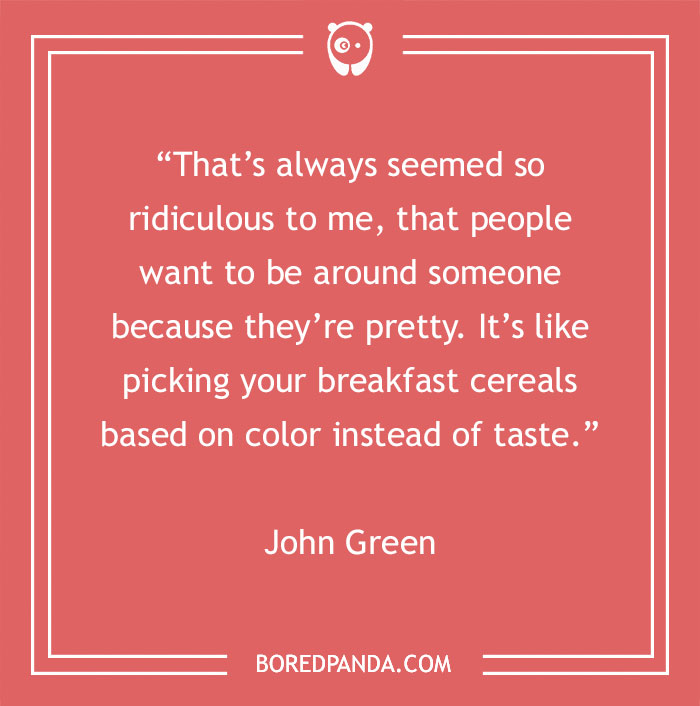 Inspirational beauty quote by John Green on a red background from BoredPanda.