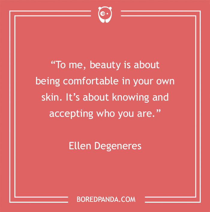 Quote about beauty and self-acceptance by Ellen Degeneres on a red background from BoredPanda.