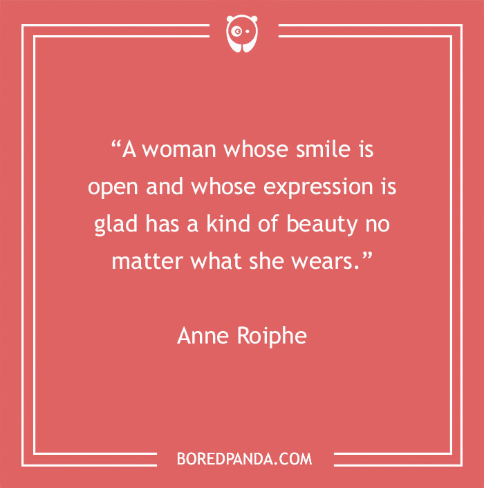 Beauty quote by Anne Roiphe about the power of a smile and expression on a coral background.