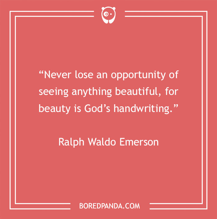 "Beauty quote by Ralph Waldo Emerson on a red background, emphasizing the divine essence of beauty."