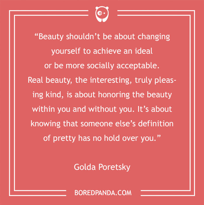 Quote about beauty from Golda Poretsky on a pink background.