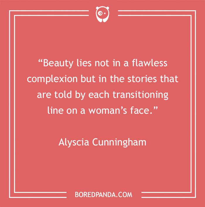 Beauty quote by Alyscia Cunningham on a red background with a decorative frame.