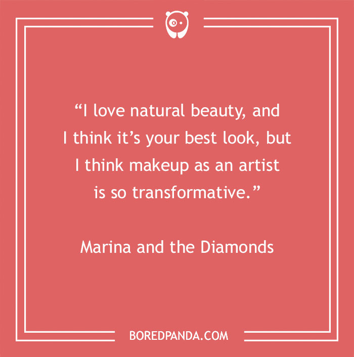 Quote about beauty by Marina and the Diamonds on a red background, emphasizing the power of natural beauty and makeup.