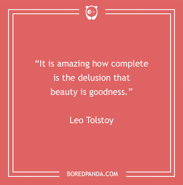 Quote by Leo Tolstoy on beauty, displayed on a red background with an icon and text from Bored Panda.