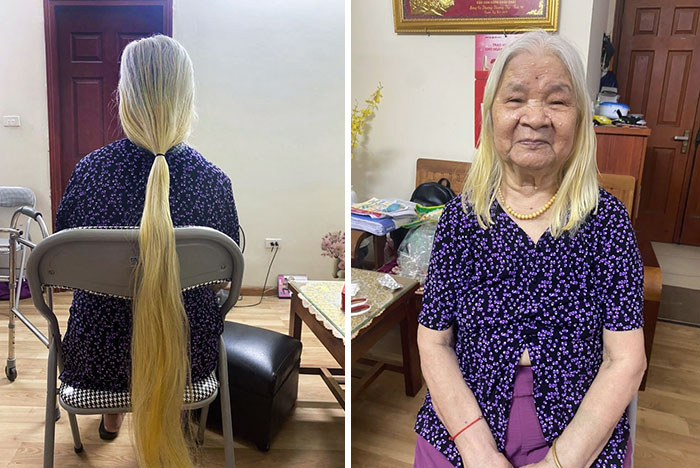 Elderly woman with long blonde hair before and after cutting it short to donate, wearing a purple patterned shirt indoors.