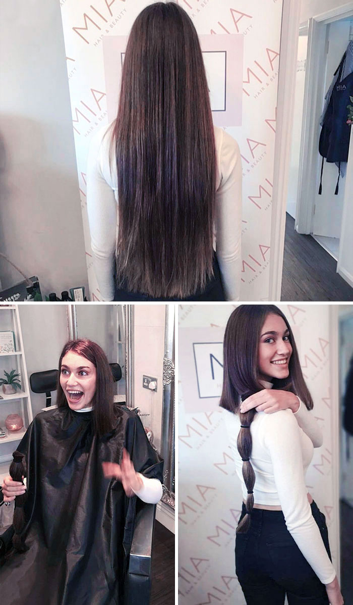 Woman with long hair before and after cutting and donating it, smiling with a new shorter haircut in a salon setting.