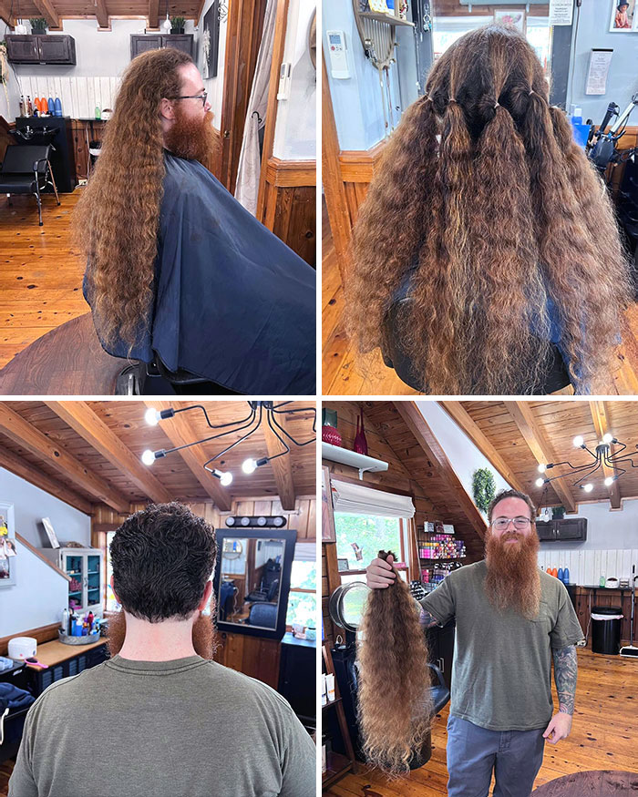Man with long curly hair before and after cutting it off to donate, holding the donated hair in a cozy salon setting.