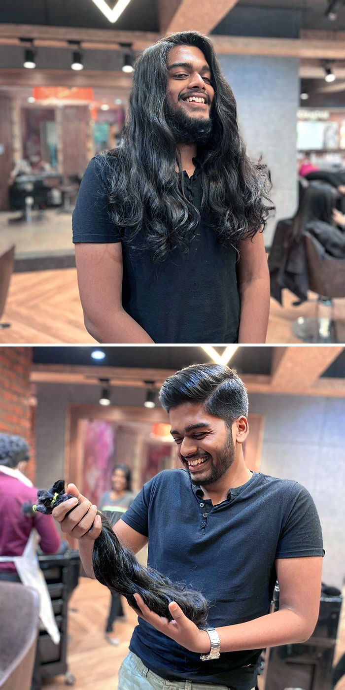 Smiling man with long hair before haircut and holding cut hair to donate at a salon, showcasing hair donation transformation.