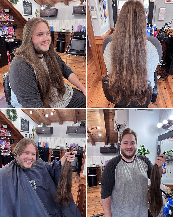 Man with long hair before and after cutting it off to donate, shown sitting in a salon and holding the cut hair.