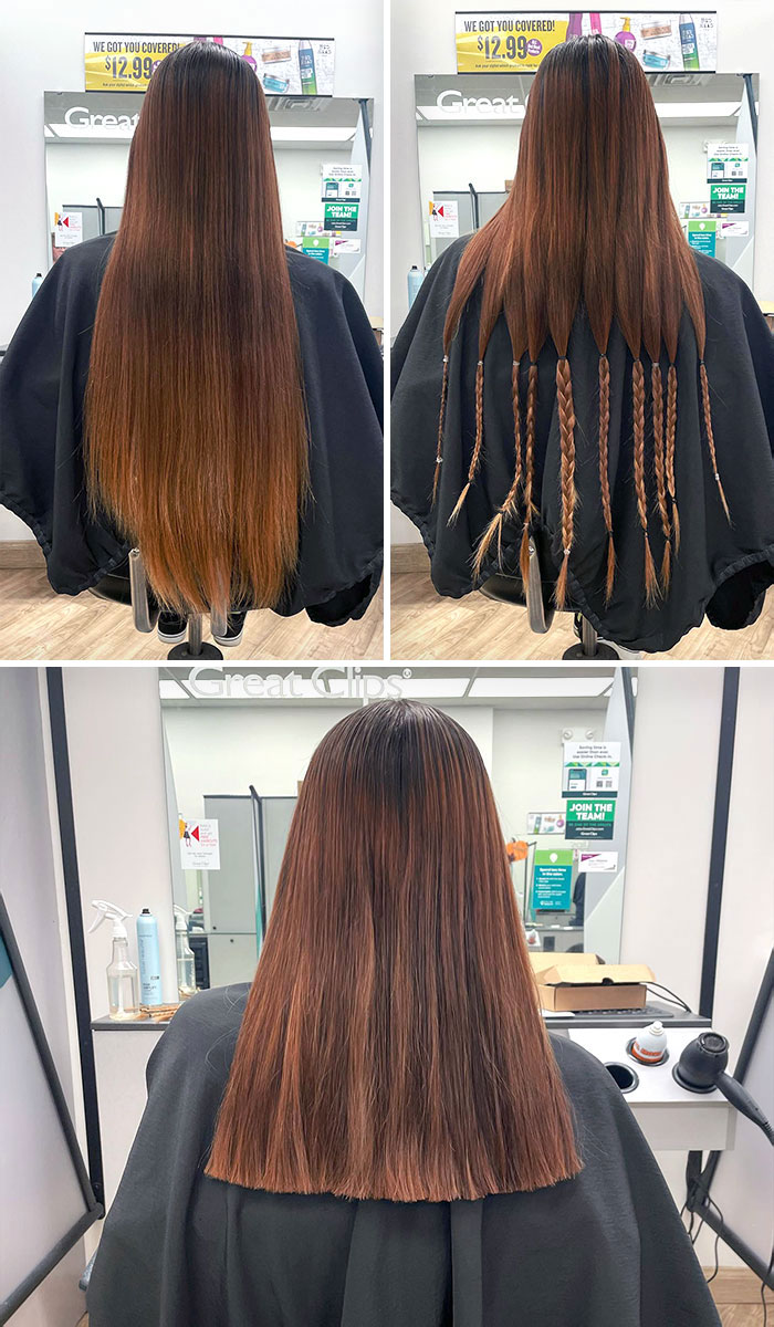 Check Out This Before, During, And After Of A "Wigs For Kids" Donation. 12+ Inches Of Hair Bound, Cut, And Mailed