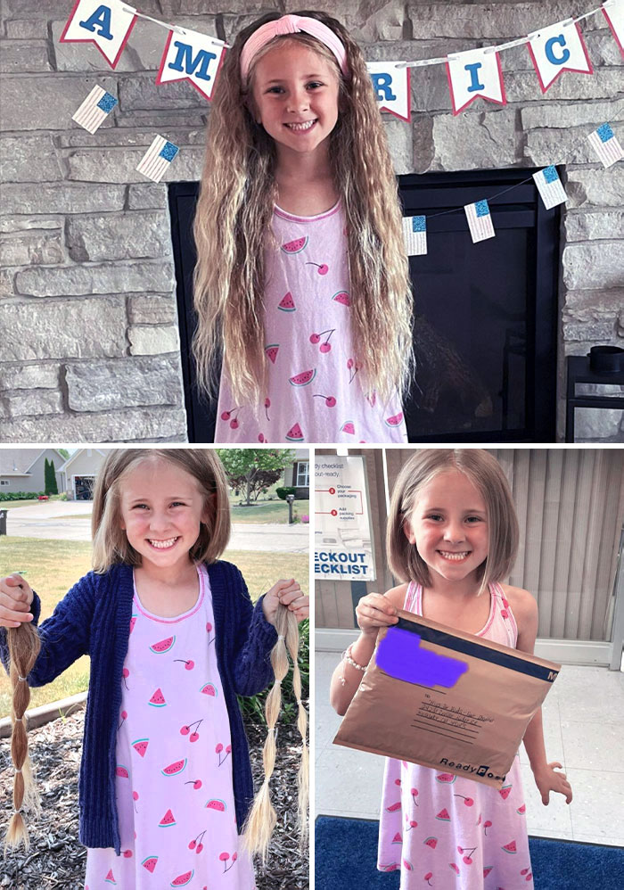 Young girl before and after cutting long hair, holding hair strands and a package for hair donation.