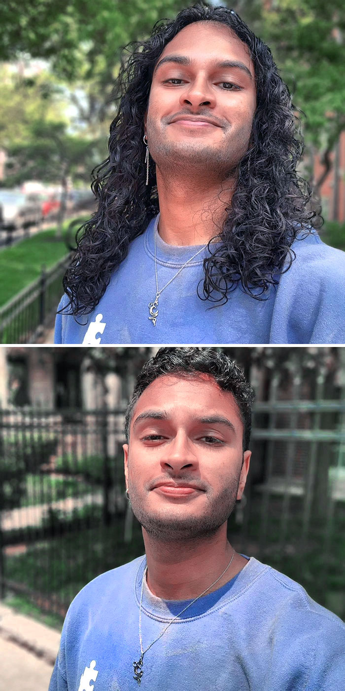Person before and after cutting off long hair to donate it, showing a dramatic transformation with short hairstyle outdoors.