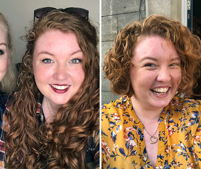 Woman smiling before and after cutting off long curly hair to donate with shorter curly hair and a floral top.