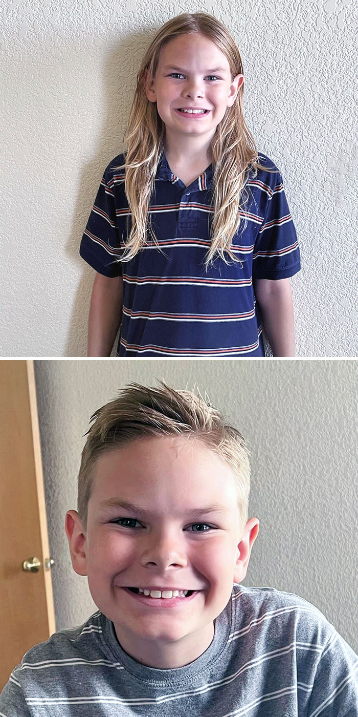 Young boy before and after cutting off his long hair to donate, showing a striking haircut transformation.