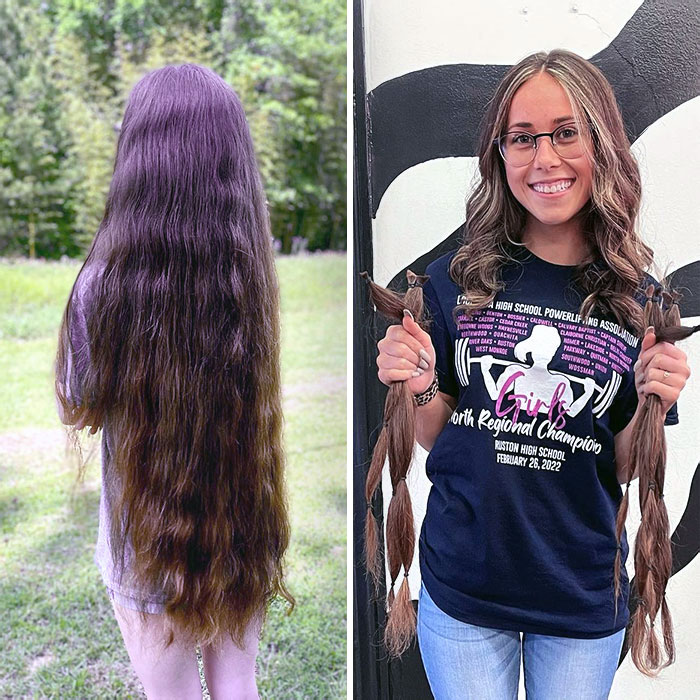 Before and after photos of a woman cutting off her long hair to donate, holding several braided hair donations and smiling.