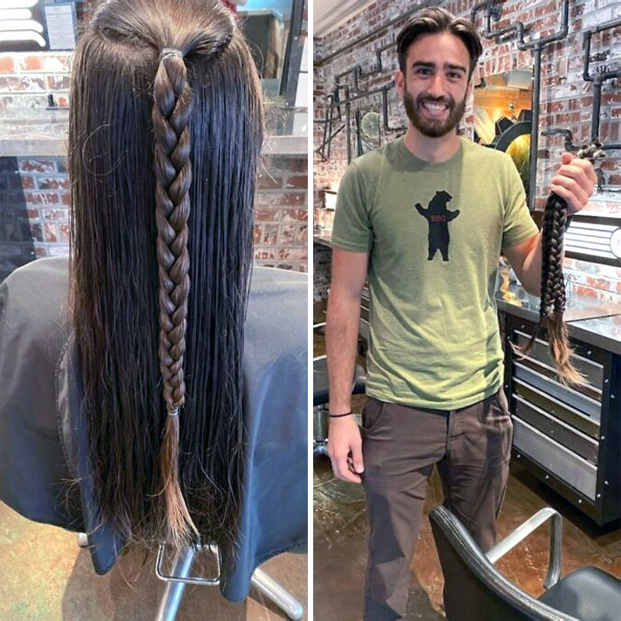 Man before and after cutting long hair to donate, holding braided hair in a salon with brick walls background.