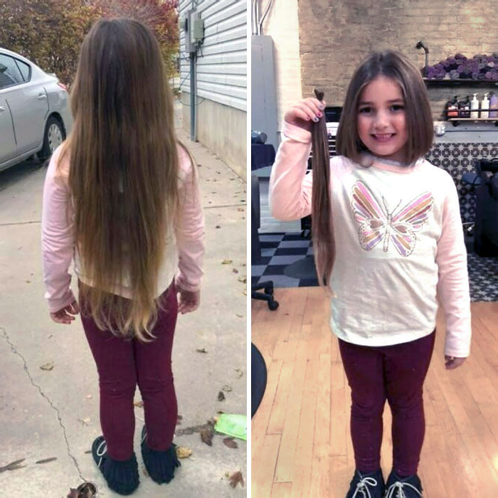 Young girl before and after cutting long hair to donate, holding her donated hair with a smile indoors and outdoors.