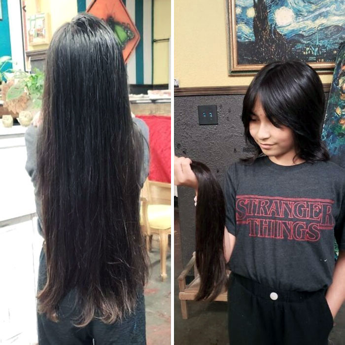 Side-by-side images showing a child before and after cutting off long hair to donate, holding the cut hair.
