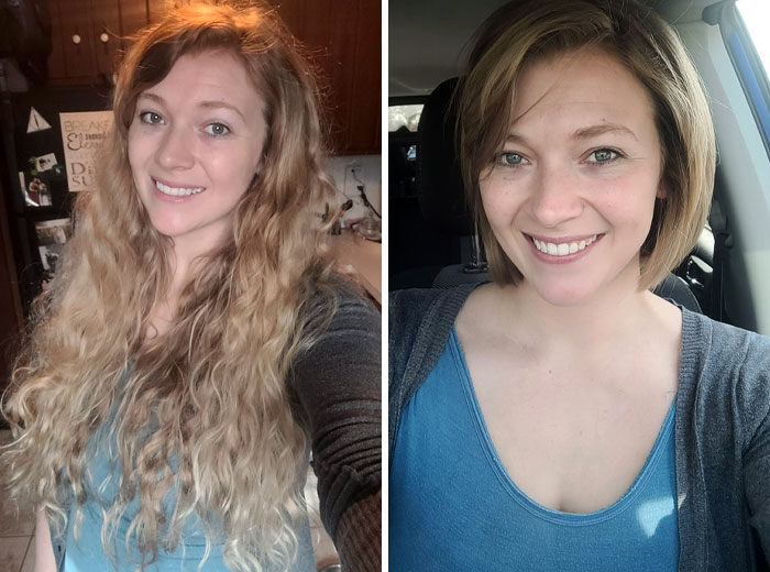 Before and after images of a woman cutting off her long hair to donate, showing a dramatic hairstyle transformation.