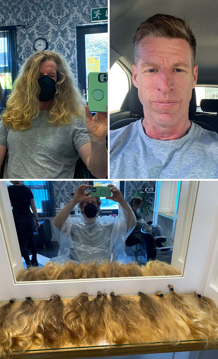 Man shows before and after photos of cutting off long hair to donate, with multiple hair donations displayed on a salon counter.