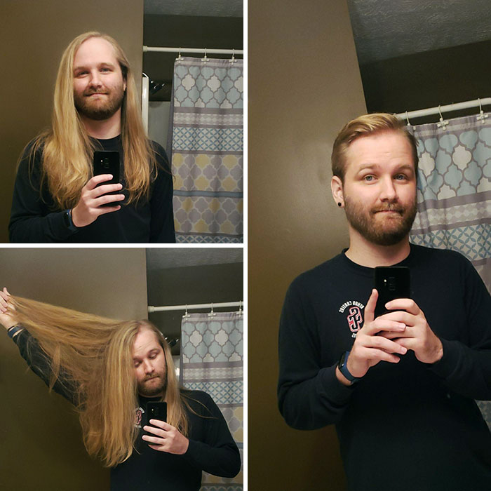 Man showing before and after hair donation transformation with long hair cut short in bathroom mirror selfies.