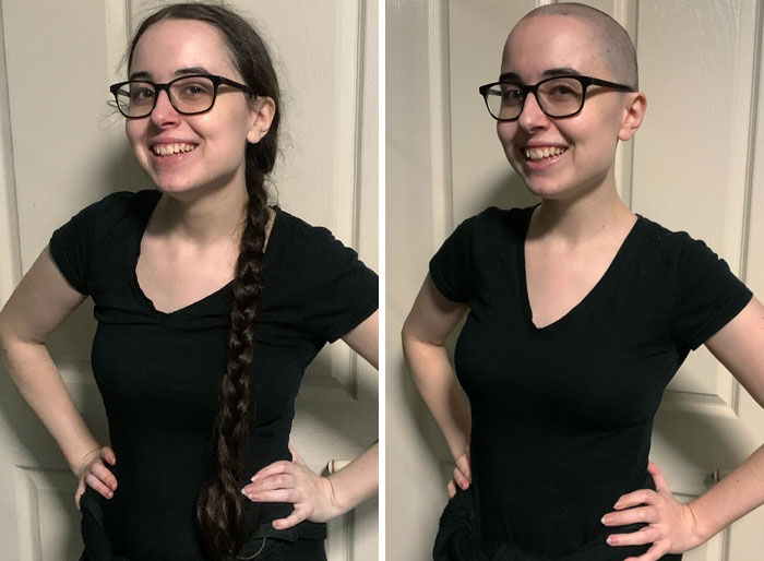 Woman before and after cutting off her long hair to donate it smiling and wearing black shirt and glasses