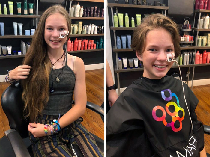 Teen girl before and after cutting off her long hair to donate, smiling in a salon with hair care products in background.