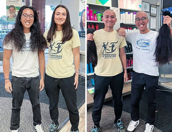 Two people before and after cutting long hair to donate, smiling and holding large hair bundles in a salon setting.