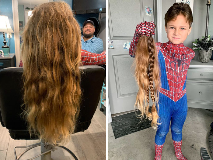 Young boy dressed as Spider-Man holding a long braided cut hair, before and after donating long hair for charity.
