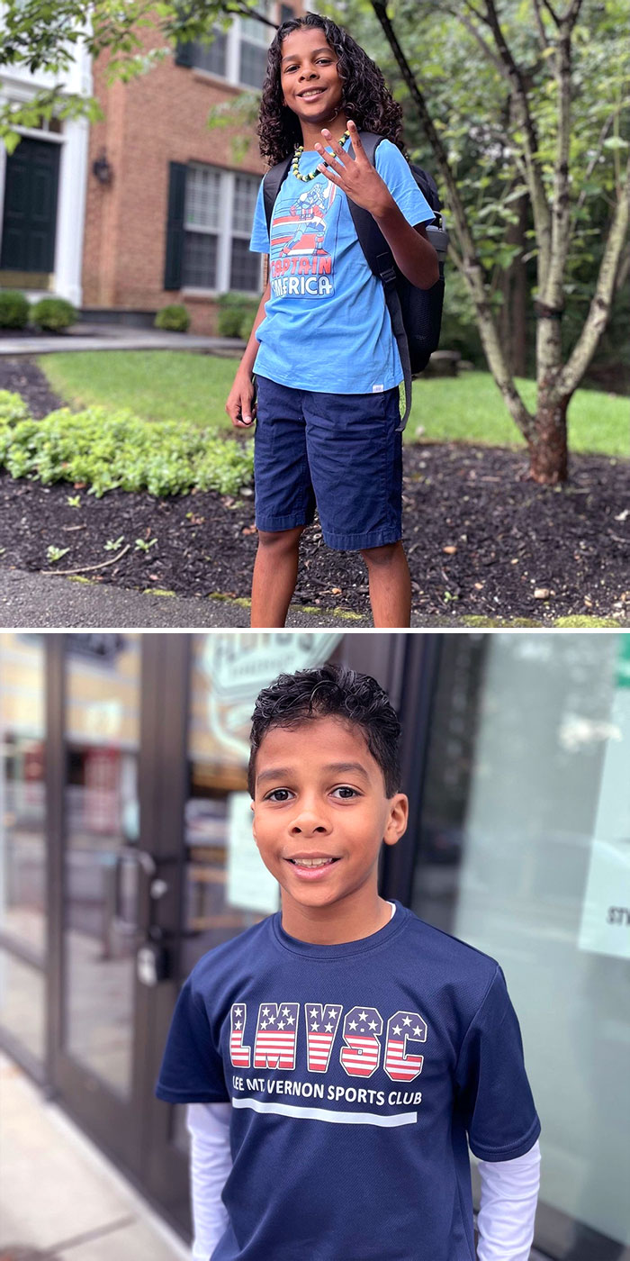 Boy before and after cutting long hair to donate, smiling outdoors wearing casual blue shirts and shorts.