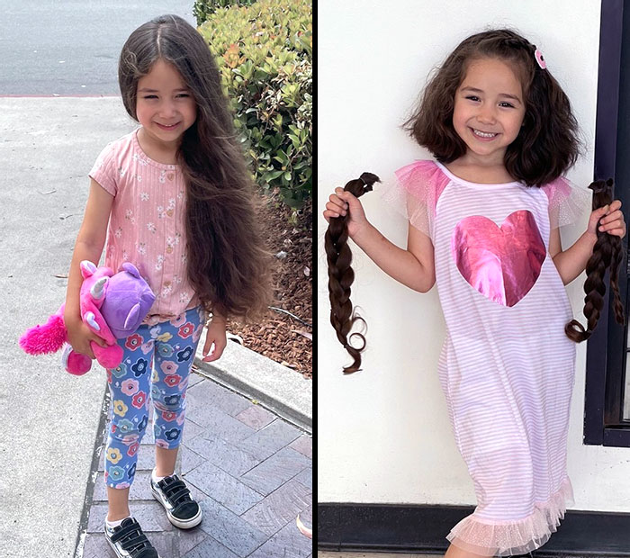 Young girl showing before and after photos of cutting off her long hair to donate with a big smile.