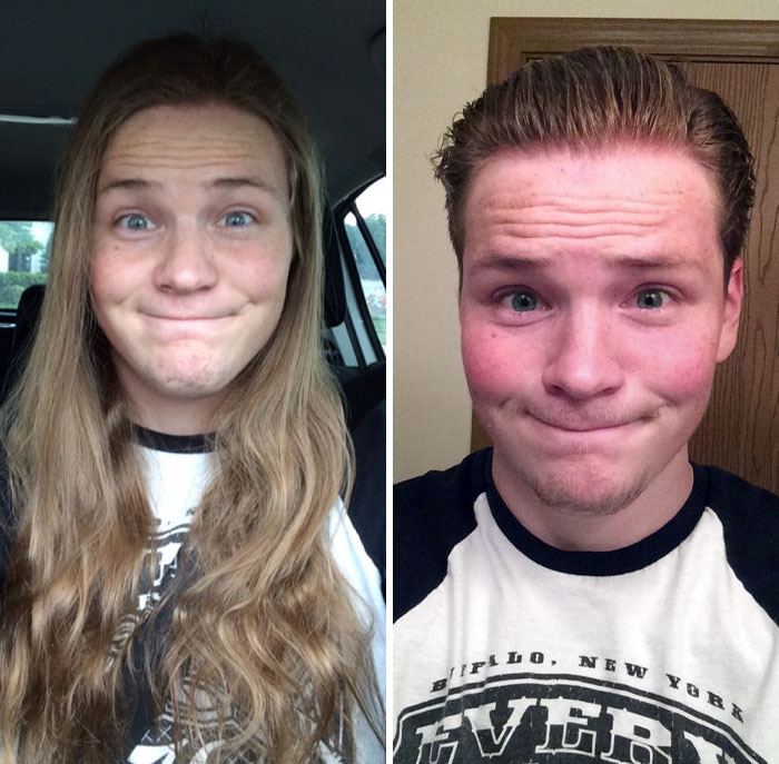 Young man before and after cutting off his long hair to donate, showing a dramatic hair transformation.
