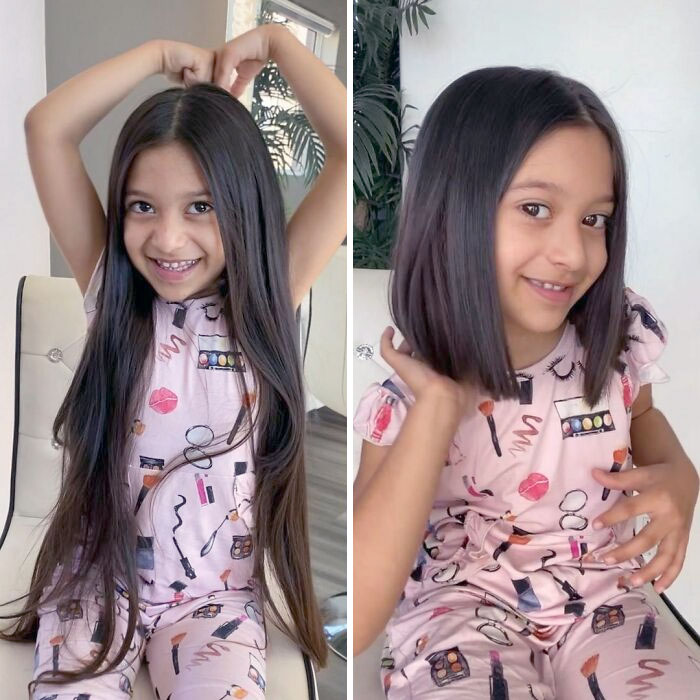 Young girl before and after cutting off her long hair to donate, showing a joyful transformation with shorter hair.
