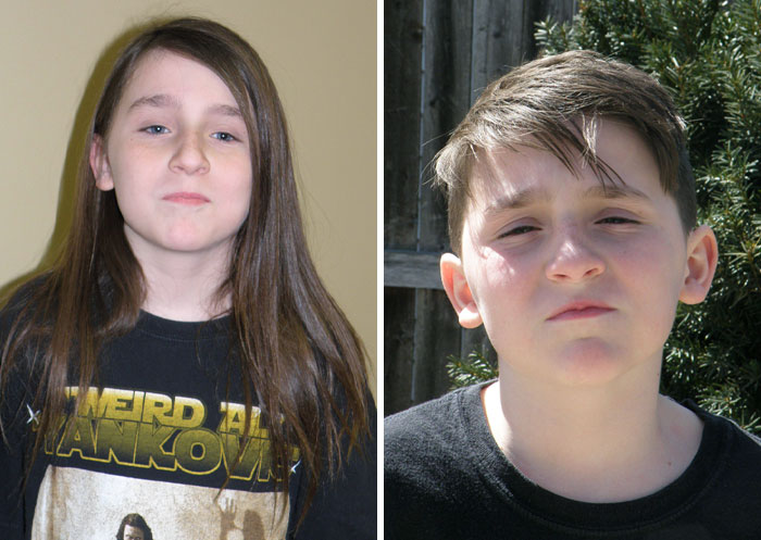Before and after photos of a boy donating long hair with short haircut transformation outdoors and indoors.