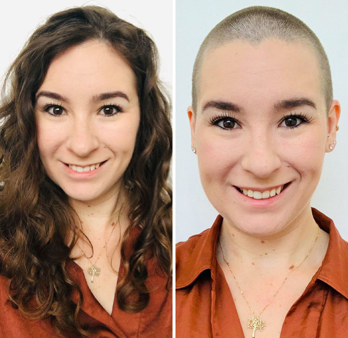 Young woman before and after cutting off long hair to donate, showing a dramatic transformation with a shaved head.