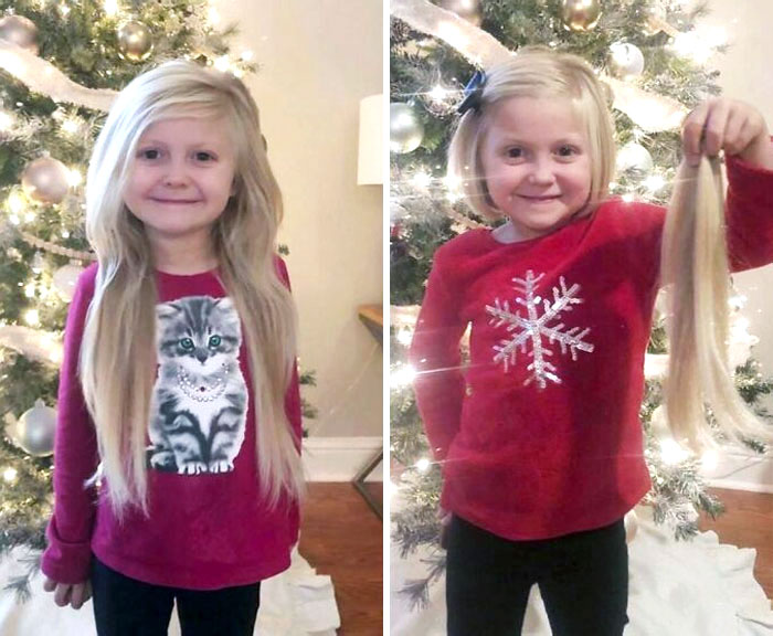 Young girl before and after cutting off her long hair to donate, standing in front of a decorated Christmas tree.