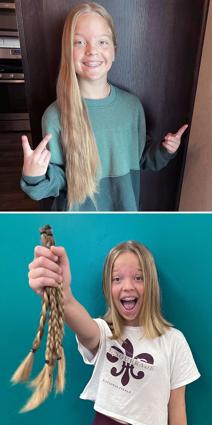 Before and after photos of a girl cutting off long hair to donate, holding braided hair in her hand and smiling.