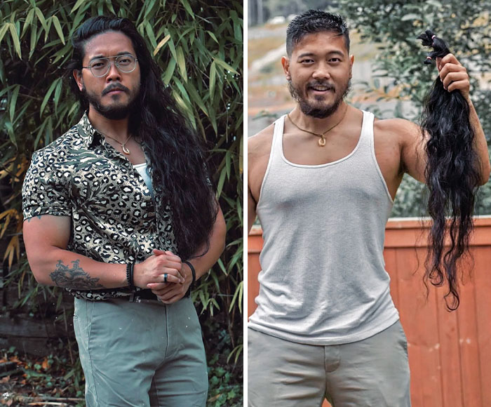 Man before and after cutting off his long hair to donate, holding the cut hair and smiling outdoors.