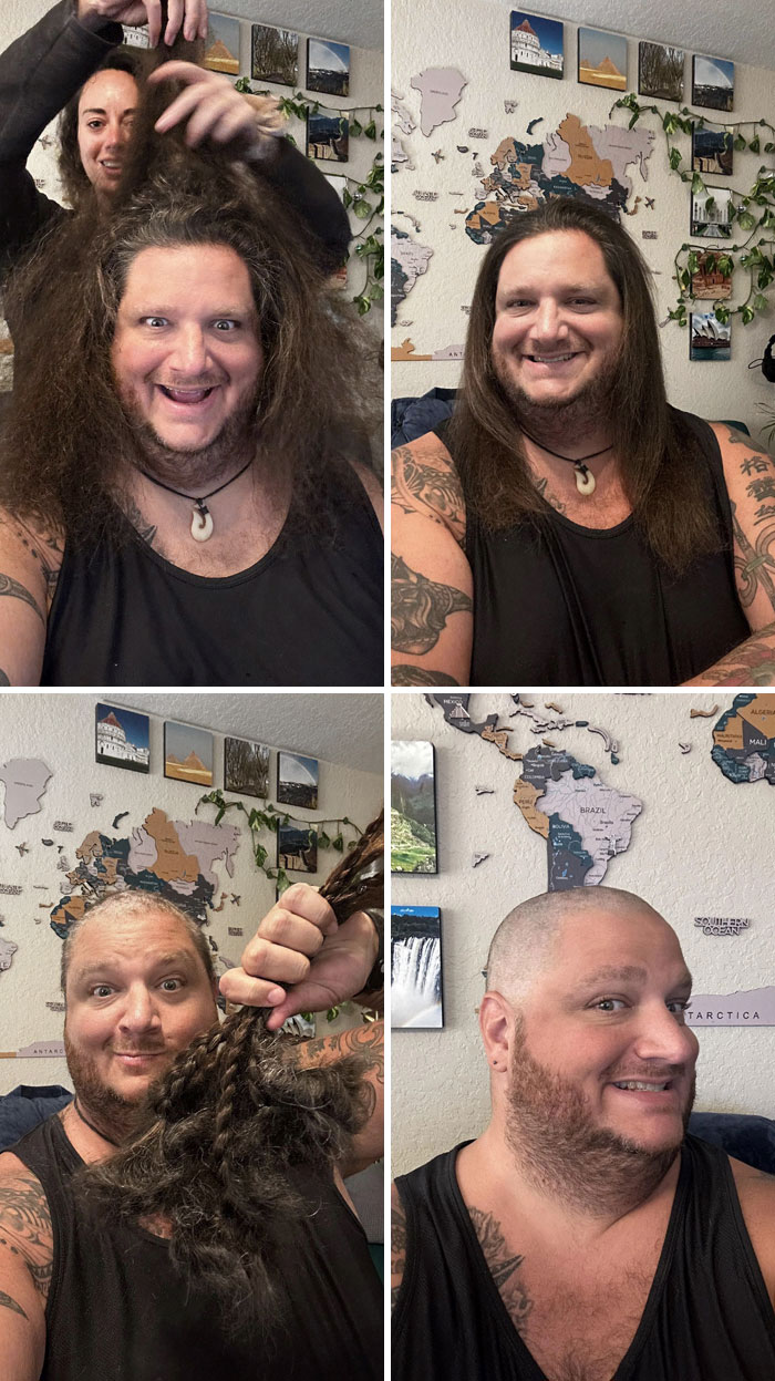 Man before and after cutting off long hair for donation, showing transformation from thick hair to shaved head with a smile.