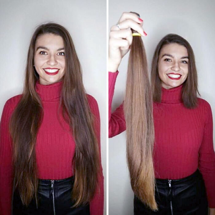 Young woman before and after cutting off her long hair to donate, smiling and holding the cut hair bundle