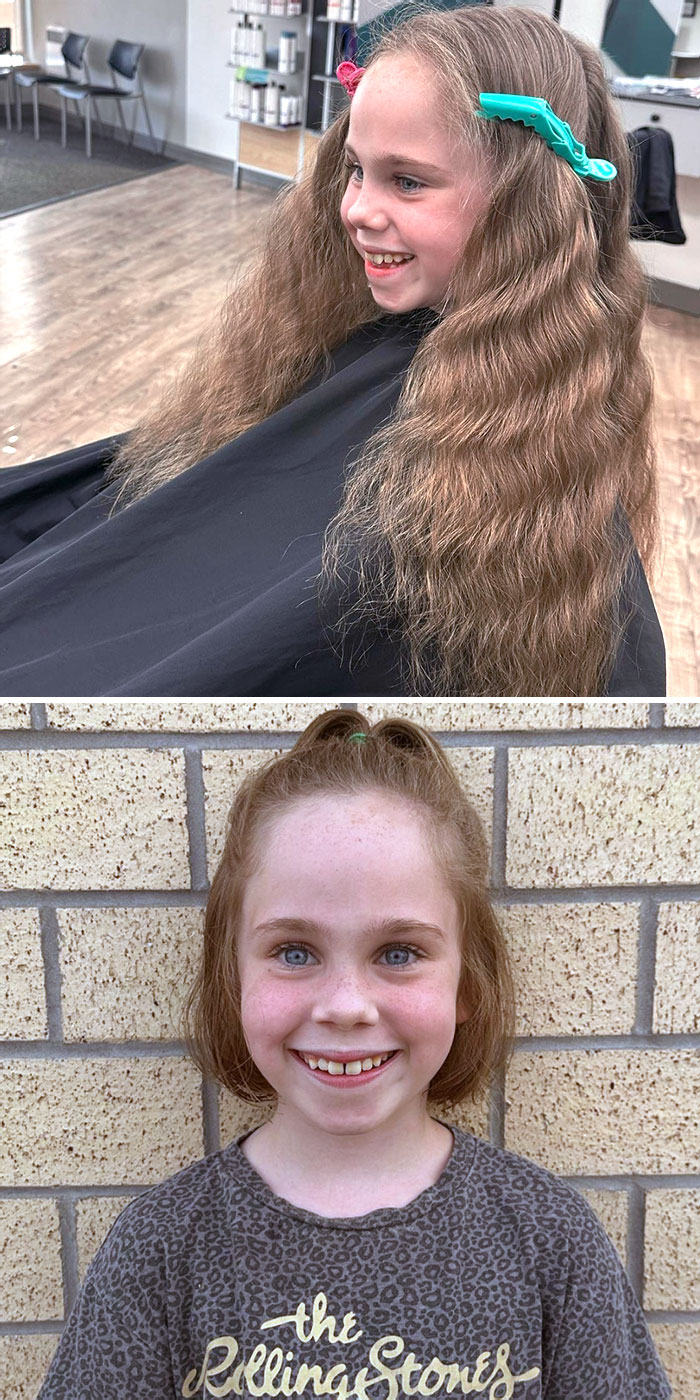 Young girl smiling before and after cutting long hair for donation, showcasing inspiring hair donation transformation.