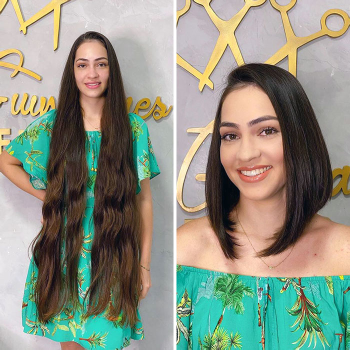 Woman before and after cutting off her long hair to donate, showing a dramatic transformation with a stylish short haircut.
