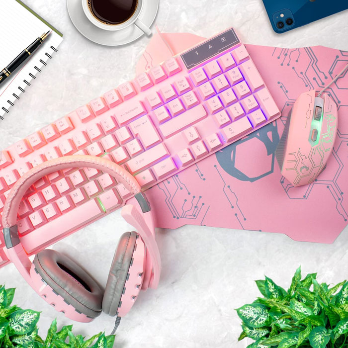 Pink Gaming Keyboard And Mouse, Headset, Headphones, And Mouse Pad: Now $59.99 (Was $89.99)